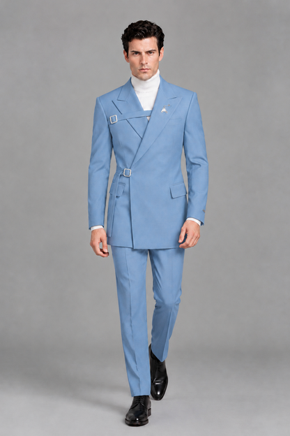 Savile Men's Light Blue Double Buckle Wrap Belted 2-Piece Suit Set – Peak Lapel Slim-Fit Jacket & Trousers - Light Blue - Light Blue_5