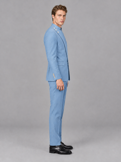 Savile Men's Light Blue Mandarin Collar Asymmetrical 2-Piece Suit Set – Modern Jacket & Trousers - Light Blue - Light Blue_5