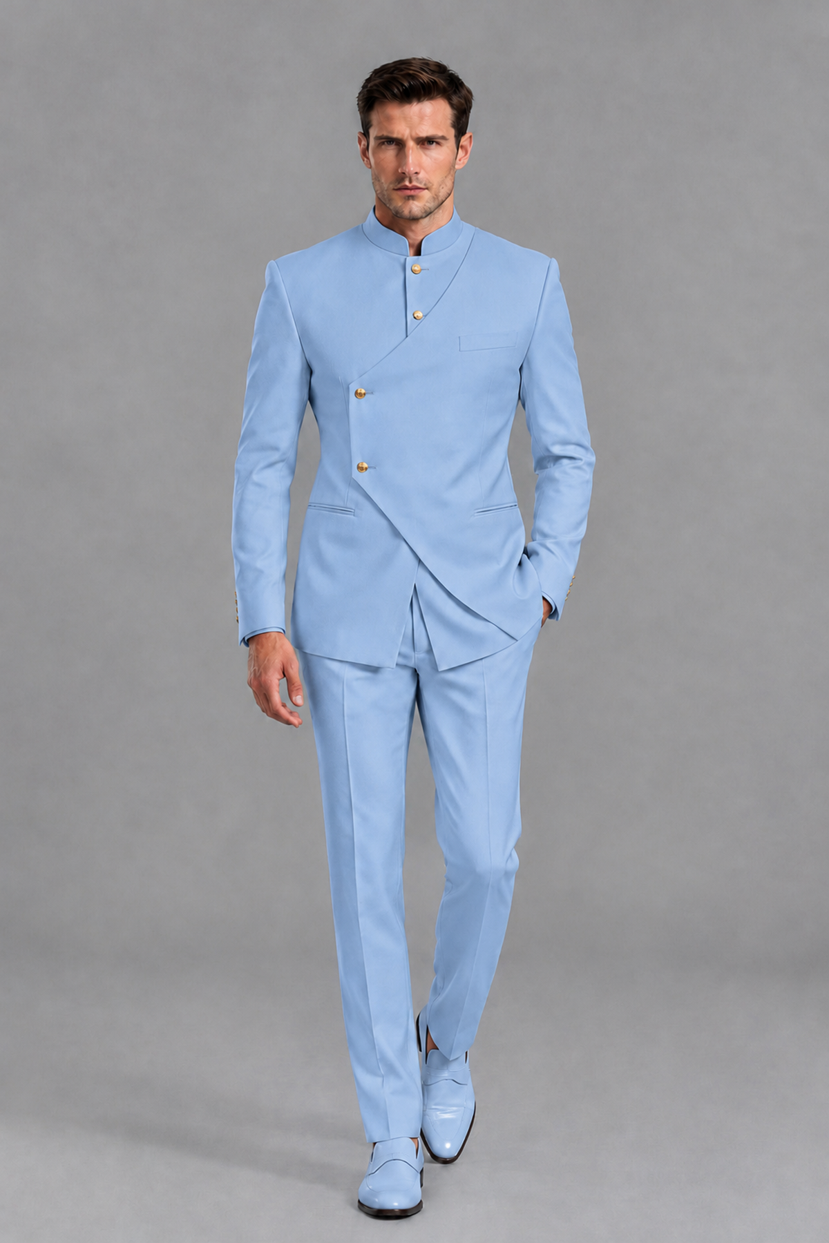 Savile Men's Light Blue Asymmetrical Mandarin Collar Tuxedo Suit – Modern 2-Piece Gold Button Wedding, Prom & Gala Set - Light Blue - Light Blue_5