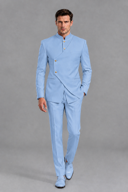 Savile Men's Light Blue Asymmetrical Mandarin Collar Tuxedo Suit – Modern 2-Piece Gold Button Wedding, Prom & Gala Set - Light Blue - Light Blue_5
