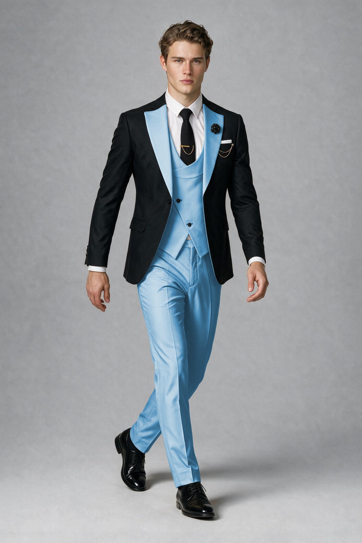 Savile Men's Black & Light Blue Three-Piece Wedding Suit - Light Blue
