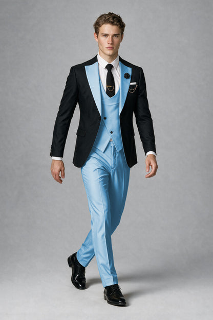 Savile Men's Black & Light Blue Three-Piece Wedding Suit - Light Blue
