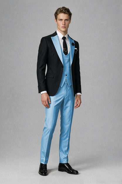 Savile Men's Black & Light Blue Three-Piece Wedding Suit - Light Blue