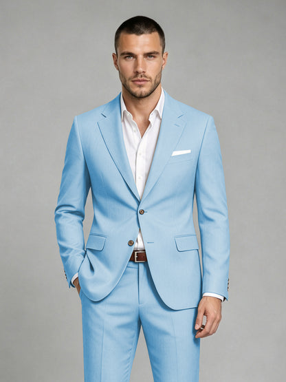 Savile Men's Dark Light Blue Wool-Blend 2-Piece Suit Set – Two-Button Notch Lapel Slim-Fit Blazer & Turn-Up Trousers - Light Blue