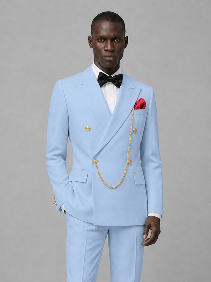 Men's Light Blue Double-Breasted 2-Piece Suit Set – Jacket & Trousers | Light Blue Chain - Light Blue