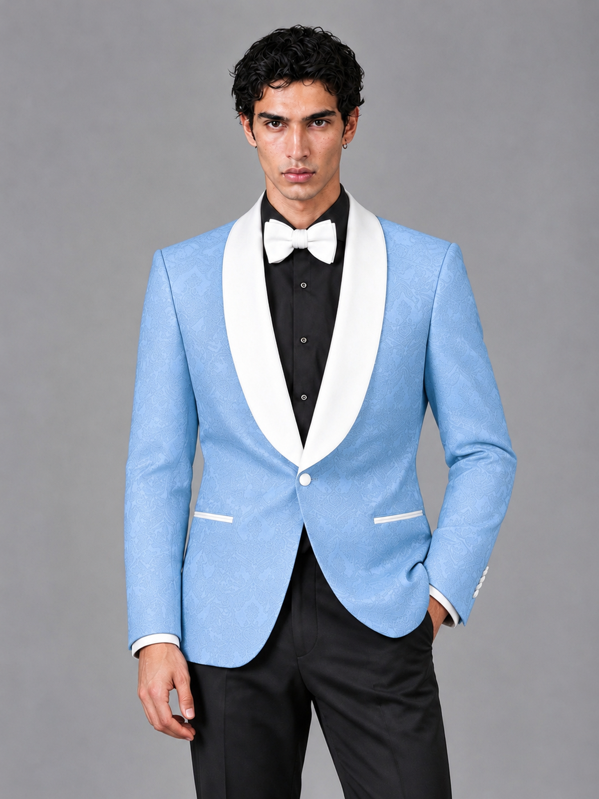 Savile Men's Light Blue Jacquard White Shawl Lapel 2-Piece Tuxedo Suit Set | Jacket & Trousers - Light Blue - Light Blue (1)