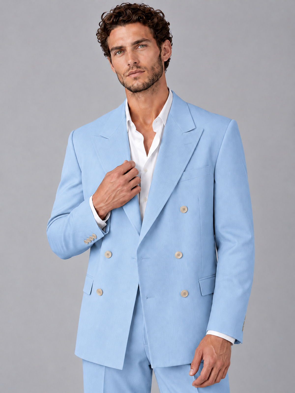 Savile Light Blue Beige Double-Breasted 2-Piece Suit with Peak Lapel - Light Blue