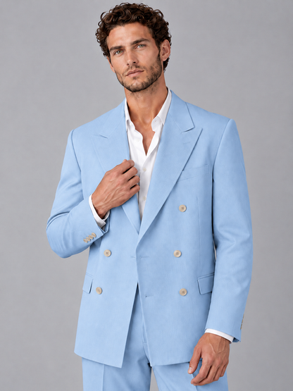 Savile Light Blue Beige Double-Breasted 2-Piece Suit with Peak Lapel - Light Blue