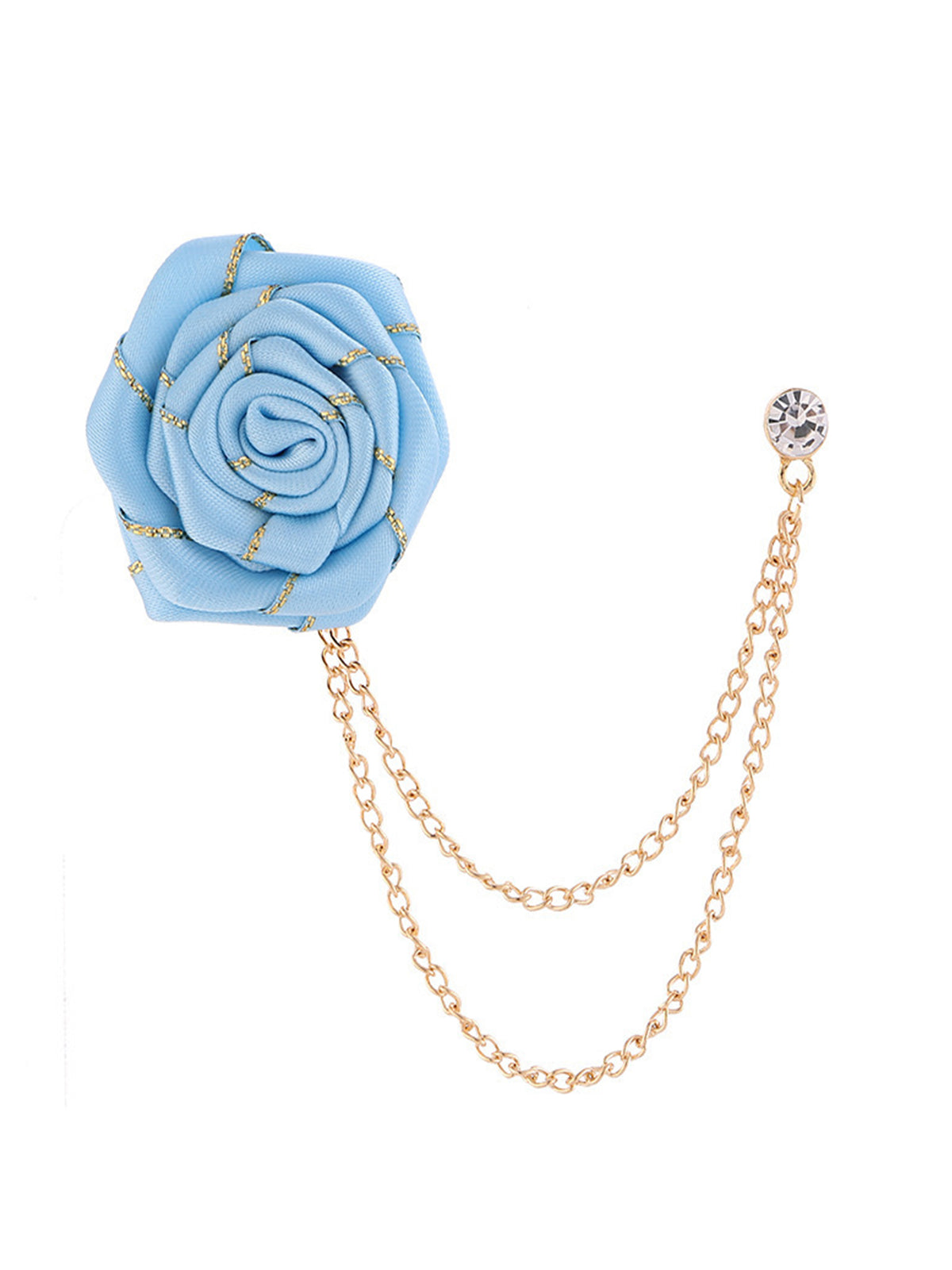 Savile Men's Light Blue Fabric Rose Lapel Pin with Gold Hanging Chains | Formal Crystal Boutonniere Tuxedo Brooch - Light Blue