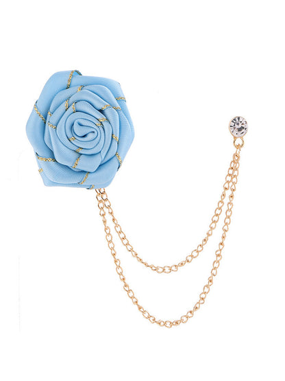 Savile Men's Light Blue Fabric Rose Lapel Pin with Gold Hanging Chains | Formal Crystal Boutonniere Tuxedo Brooch - Light Blue