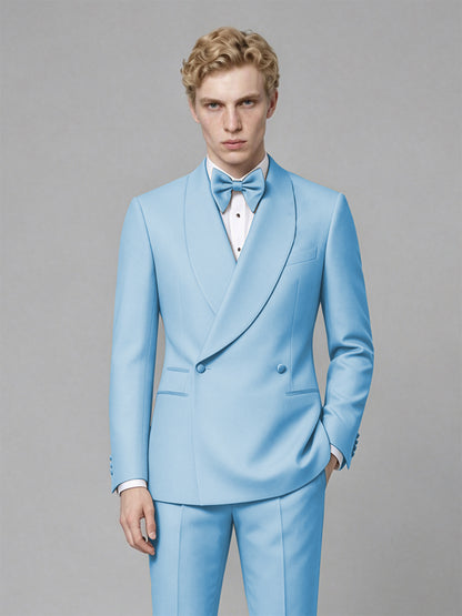 Men's Light Blue Single-Button Light Blue Satin Shawl Lapel Tuxedo Suit Set | Blazer & Trousers - Light Blue