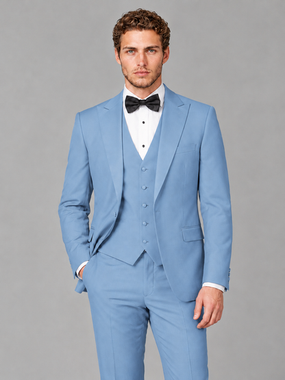 Savile Men's Light Blue Peak Lapel 3-Piece Tuxedo Suit | Jacket, Vest & Trousers - Light Blue
