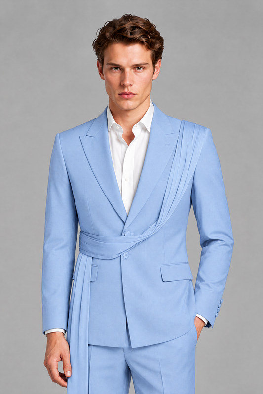 Men's Light Blue Draped Sash Suit – Peak Lapel 2-Piece Slim Fit Party, Gala & Wedding Set - Light Blue