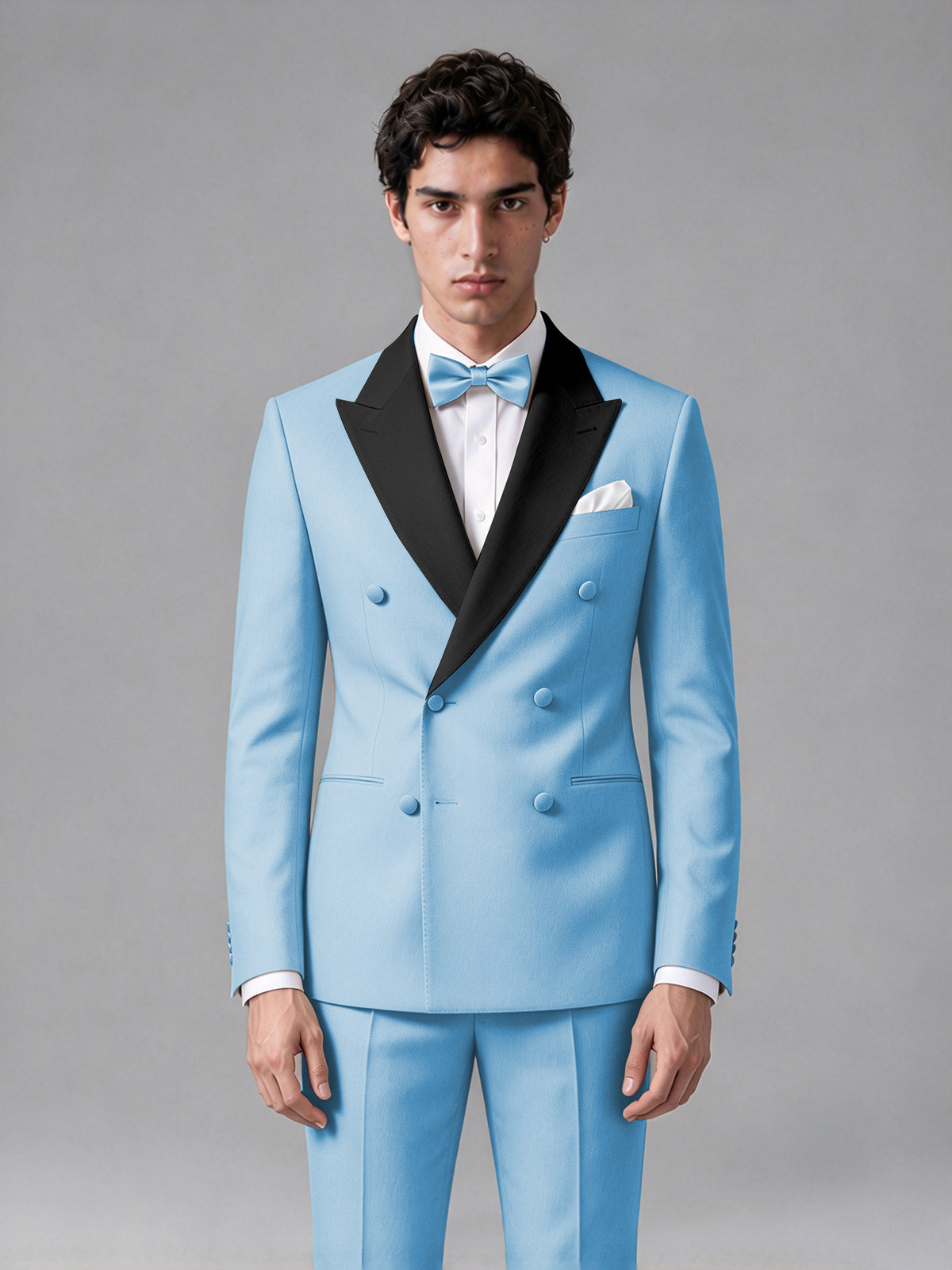 Men's Light Blue Double-Breasted Satin Peak Lapel Tuxedo Suit Set (Jacket + Trousers) - Light Blue