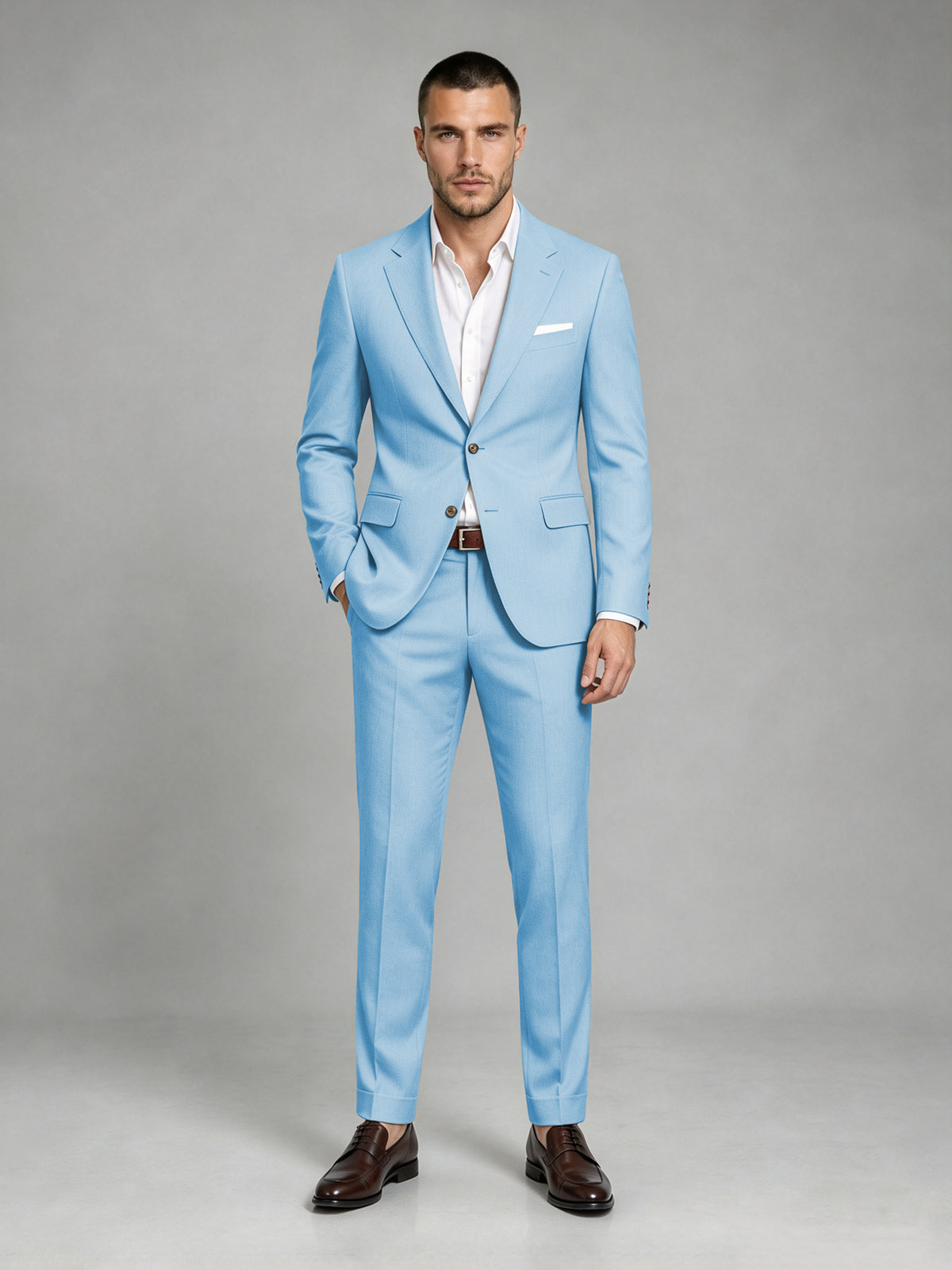 Savile Men's Dark Light Blue Wool-Blend 2-Piece Suit Set – Two-Button Notch Lapel Slim-Fit Blazer & Turn-Up Trousers - Light Blue