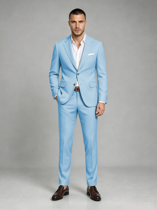 Savile Men's Dark Light Blue Wool-Blend 2-Piece Suit Set – Two-Button Notch Lapel Slim-Fit Blazer & Turn-Up Trousers - Light Blue