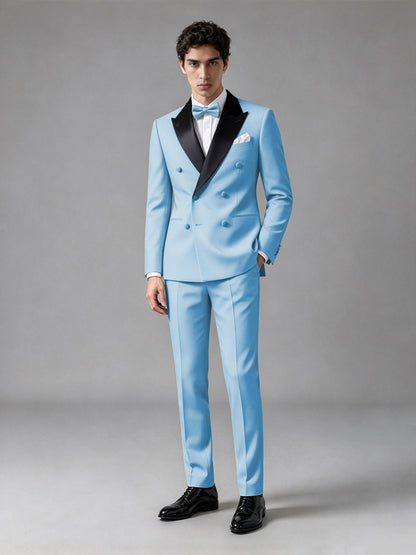 Men's Light Blue Double-Breasted Satin Peak Lapel Tuxedo Suit Set (Jacket + Trousers) - Light Blue