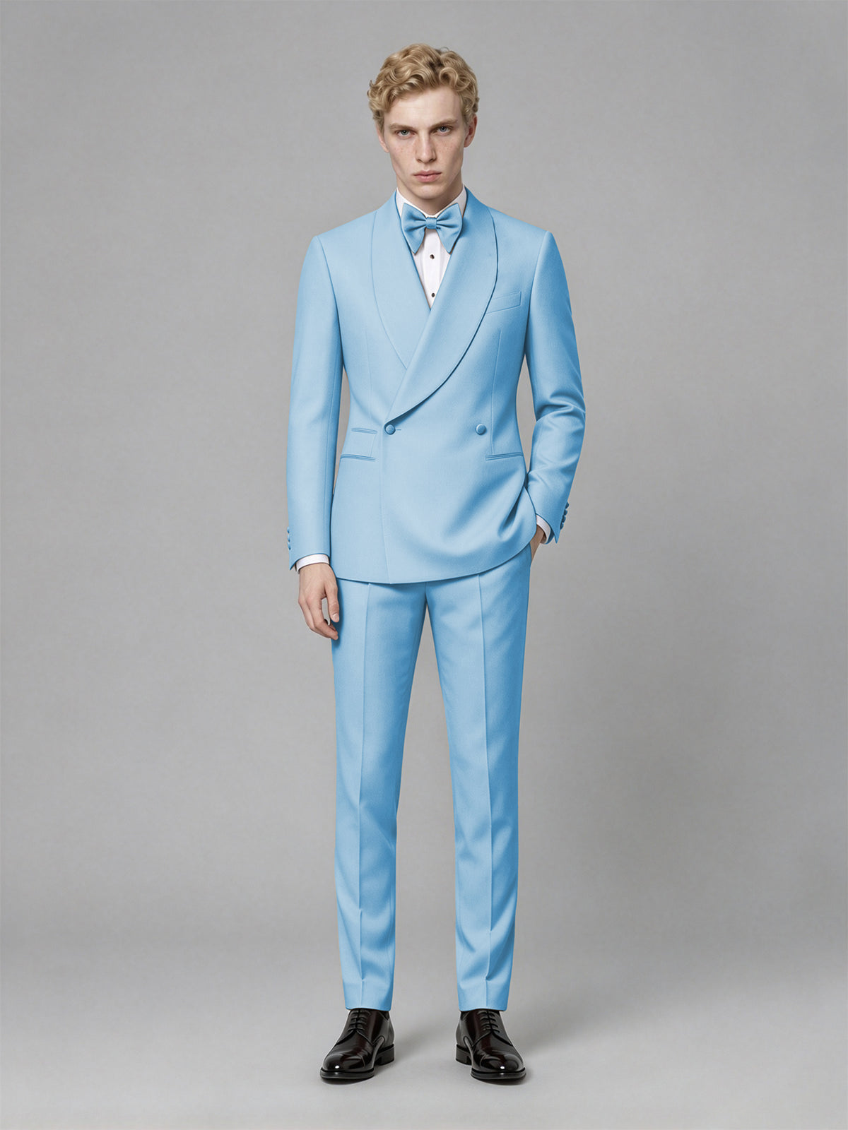 Men's Light Blue Single-Button Light Blue Satin Shawl Lapel Tuxedo Suit Set | Blazer & Trousers - Light Blue