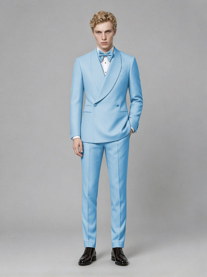 Men's Light Blue Single-Button Light Blue Satin Shawl Lapel Tuxedo Suit Set | Blazer & Trousers - Light Blue