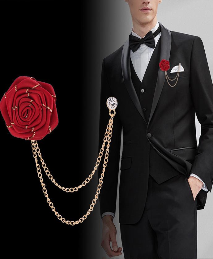 Savile Men's Light Blue Fabric Rose Lapel Pin with Gold Hanging Chains | Formal Crystal Boutonniere Tuxedo Brooch - Light Blue