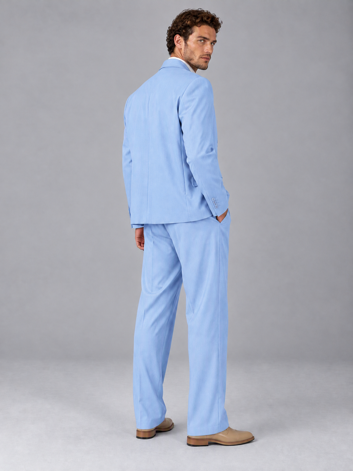 Savile Light Blue Beige Double-Breasted 2-Piece Suit with Peak Lapel - Light Blue
