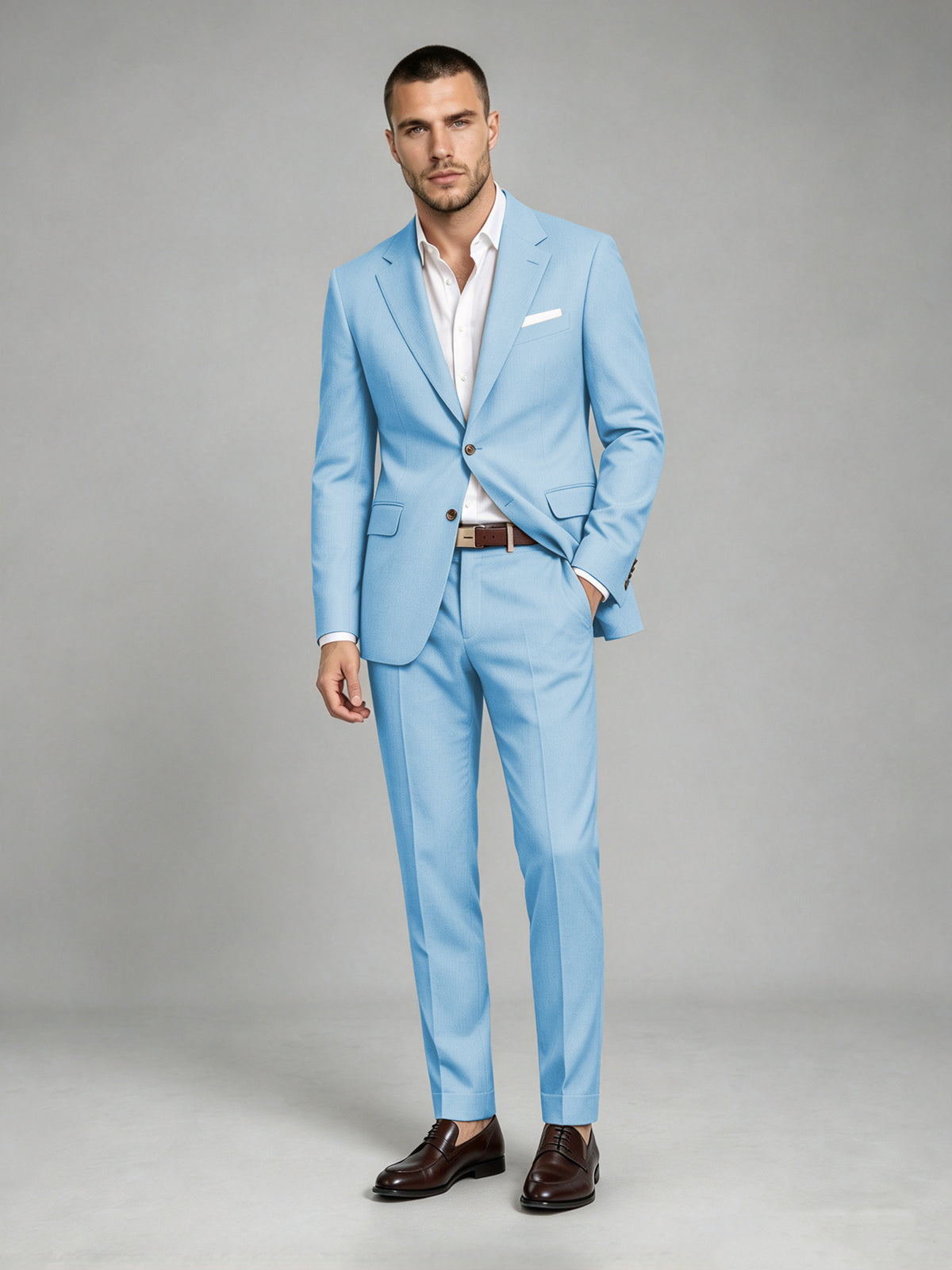 Savile Men's Dark Light Blue Wool-Blend 2-Piece Suit Set – Two-Button Notch Lapel Slim-Fit Blazer & Turn-Up Trousers - Light Blue