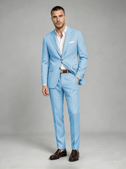 Savile Men's Dark Light Blue Wool-Blend 2-Piece Suit Set – Two-Button Notch Lapel Slim-Fit Blazer & Turn-Up Trousers - Light Blue