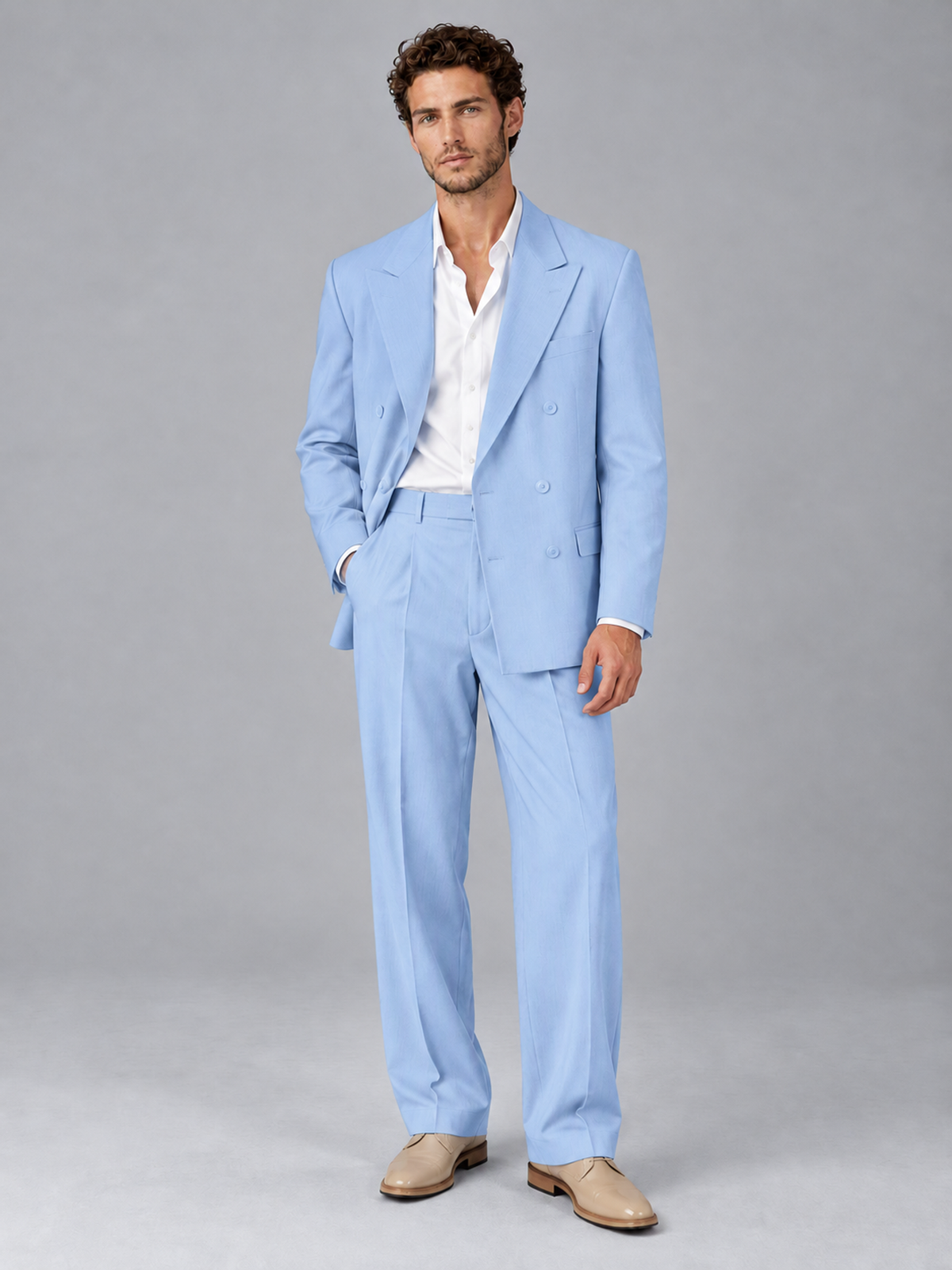 Savile Light Blue Beige Double-Breasted 2-Piece Suit with Peak Lapel - Light Blue