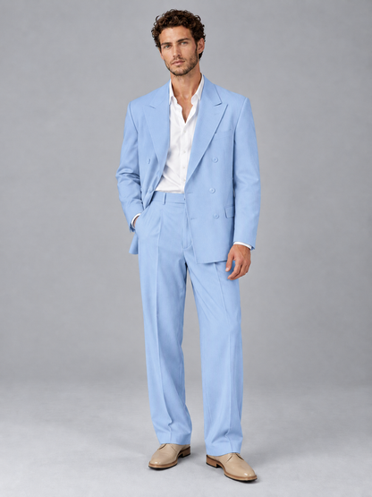 Savile Light Blue Beige Double-Breasted 2-Piece Suit with Peak Lapel - Light Blue