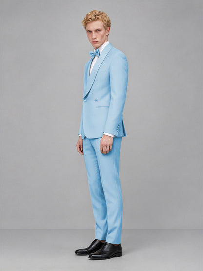 Men's Light Blue Single-Button Light Blue Satin Shawl Lapel Tuxedo Suit Set | Blazer & Trousers - Light Blue