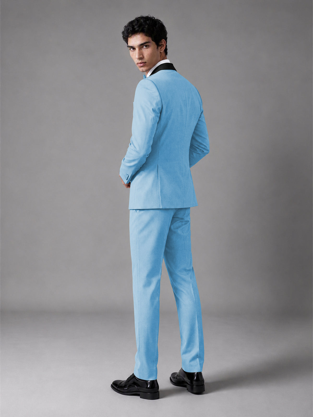 Men's Light Blue Double-Breasted Satin Peak Lapel Tuxedo Suit Set (Jacket + Trousers) - Light Blue