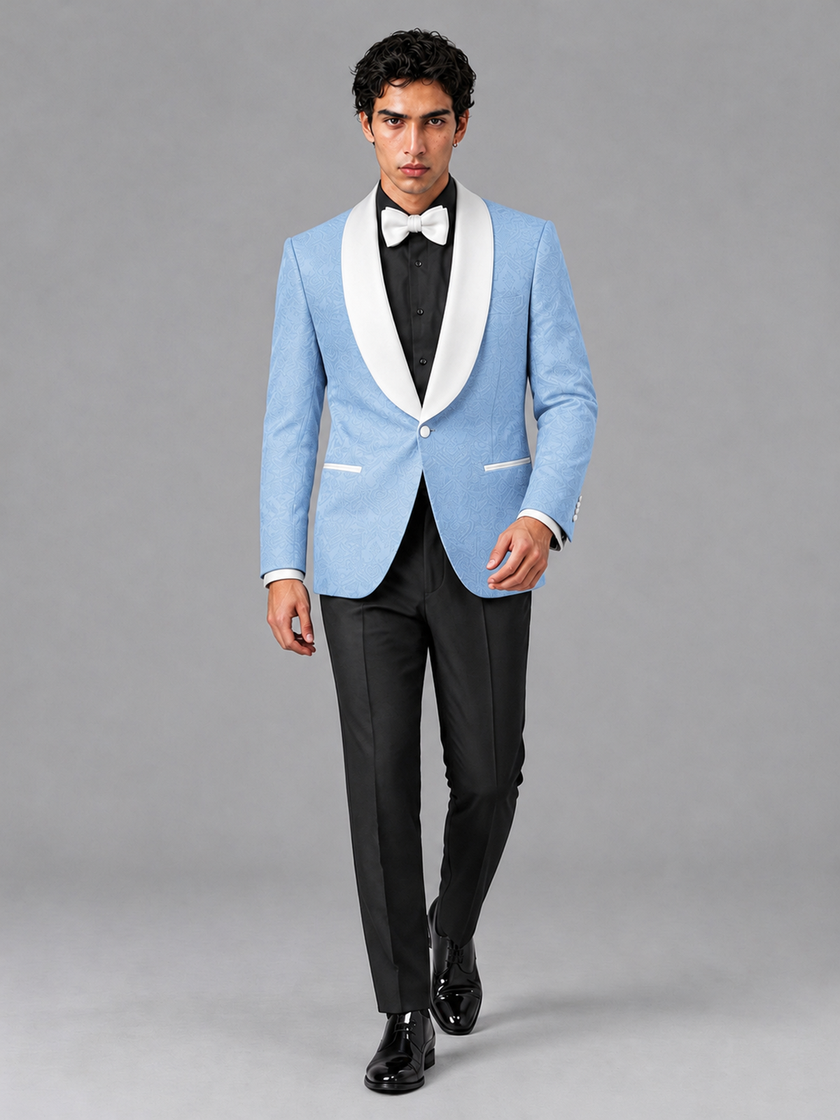 Savile Men's Light Blue Jacquard White Shawl Lapel 2-Piece Tuxedo Suit Set | Jacket & Trousers - Light Blue - Light Blue (3)