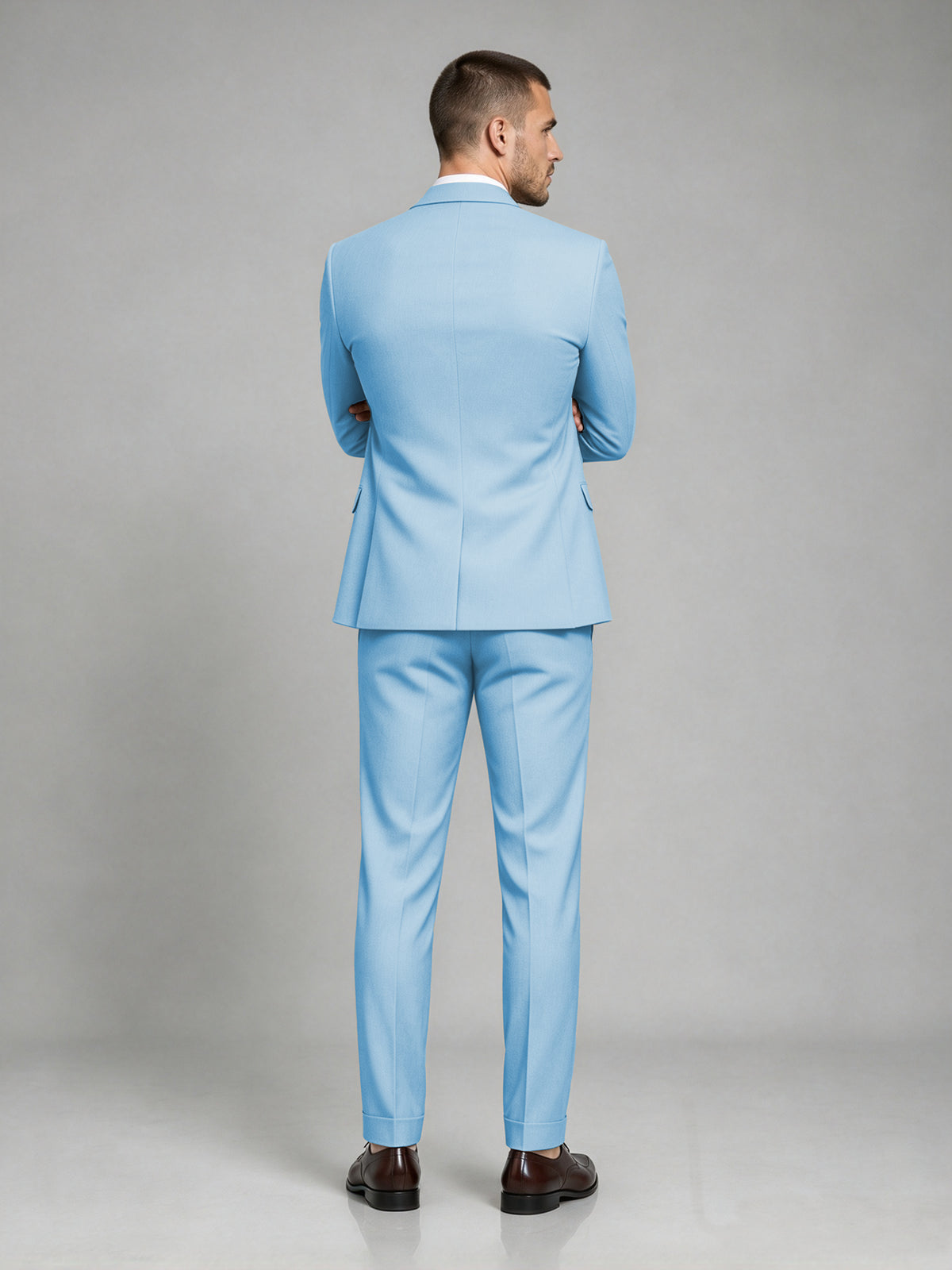 Savile Men's Dark Light Blue Wool-Blend 2-Piece Suit Set – Two-Button Notch Lapel Slim-Fit Blazer & Turn-Up Trousers - Light Blue