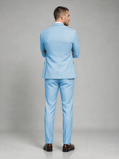 Savile Men's Dark Light Blue Wool-Blend 2-Piece Suit Set – Two-Button Notch Lapel Slim-Fit Blazer & Turn-Up Trousers - Light Blue