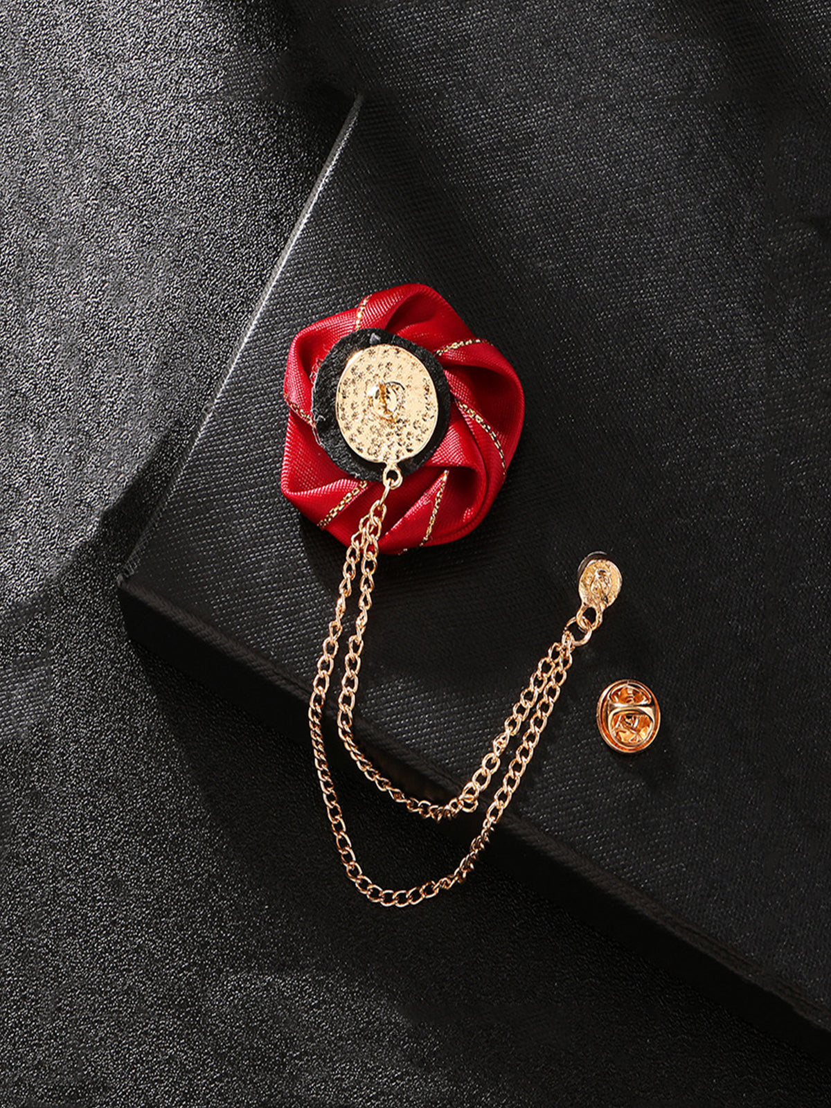 Savile Men's Light Blue Fabric Rose Lapel Pin with Gold Hanging Chains | Formal Crystal Boutonniere Tuxedo Brooch - Light Blue