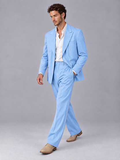 Savile Light Blue Beige Double-Breasted 2-Piece Suit with Peak Lapel - Light Blue