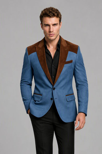 Men's Light Blue Velvet Contrast Blazer - Upper Body Front | Savile AA0001