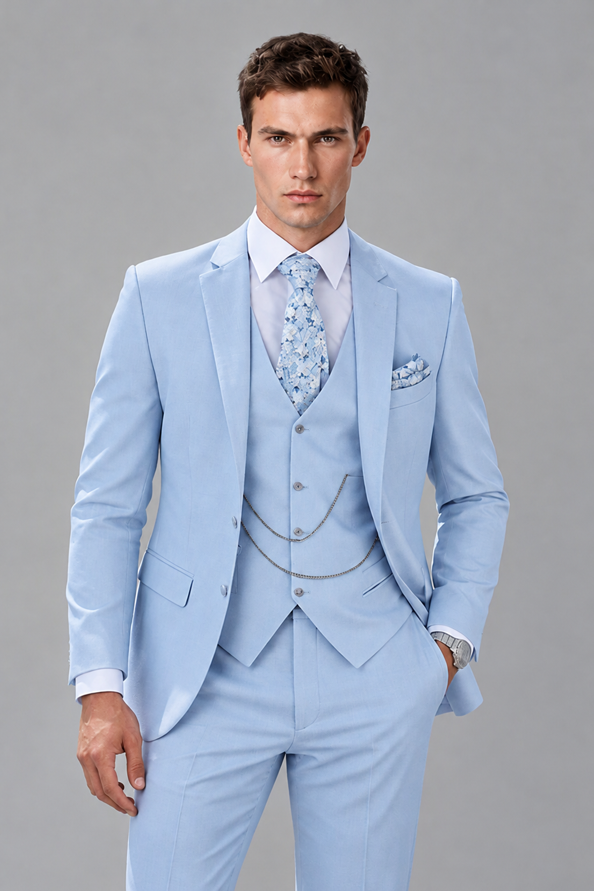 Savile Light Blue Suit Jacket with Notch Lapel and Tailored Vest with Chain Detail - Close-Up View
