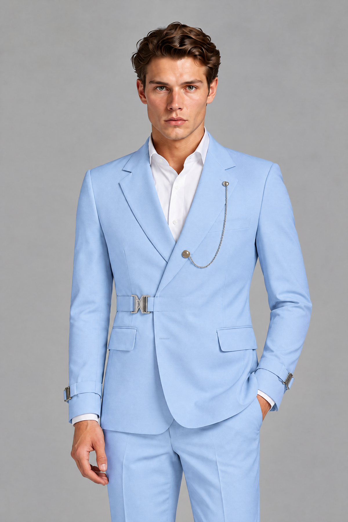Savile Men's Light Blue Suit Jacket - Peak Lapel, Chain Brooch and Buckle Closure Detail