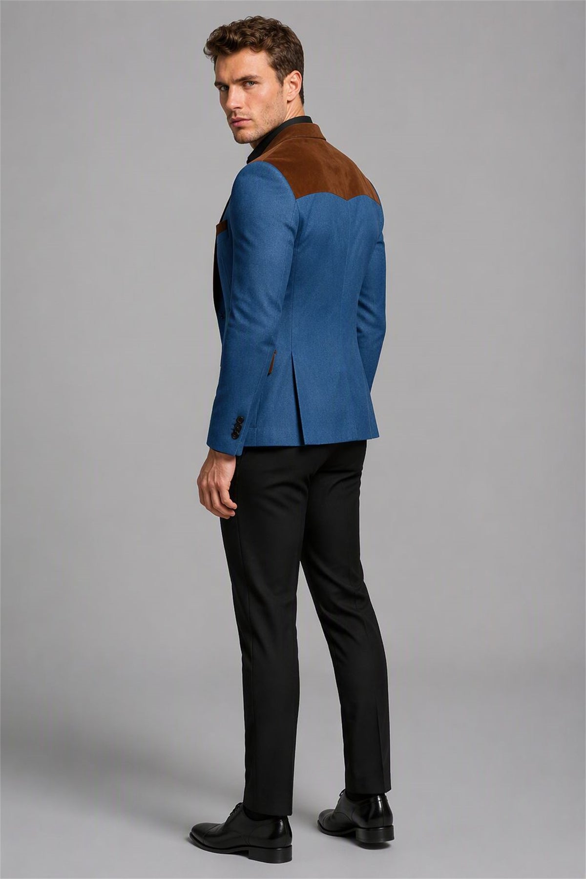 Men's Light Blue Velvet Contrast Blazer - Back View | Savile AA0001