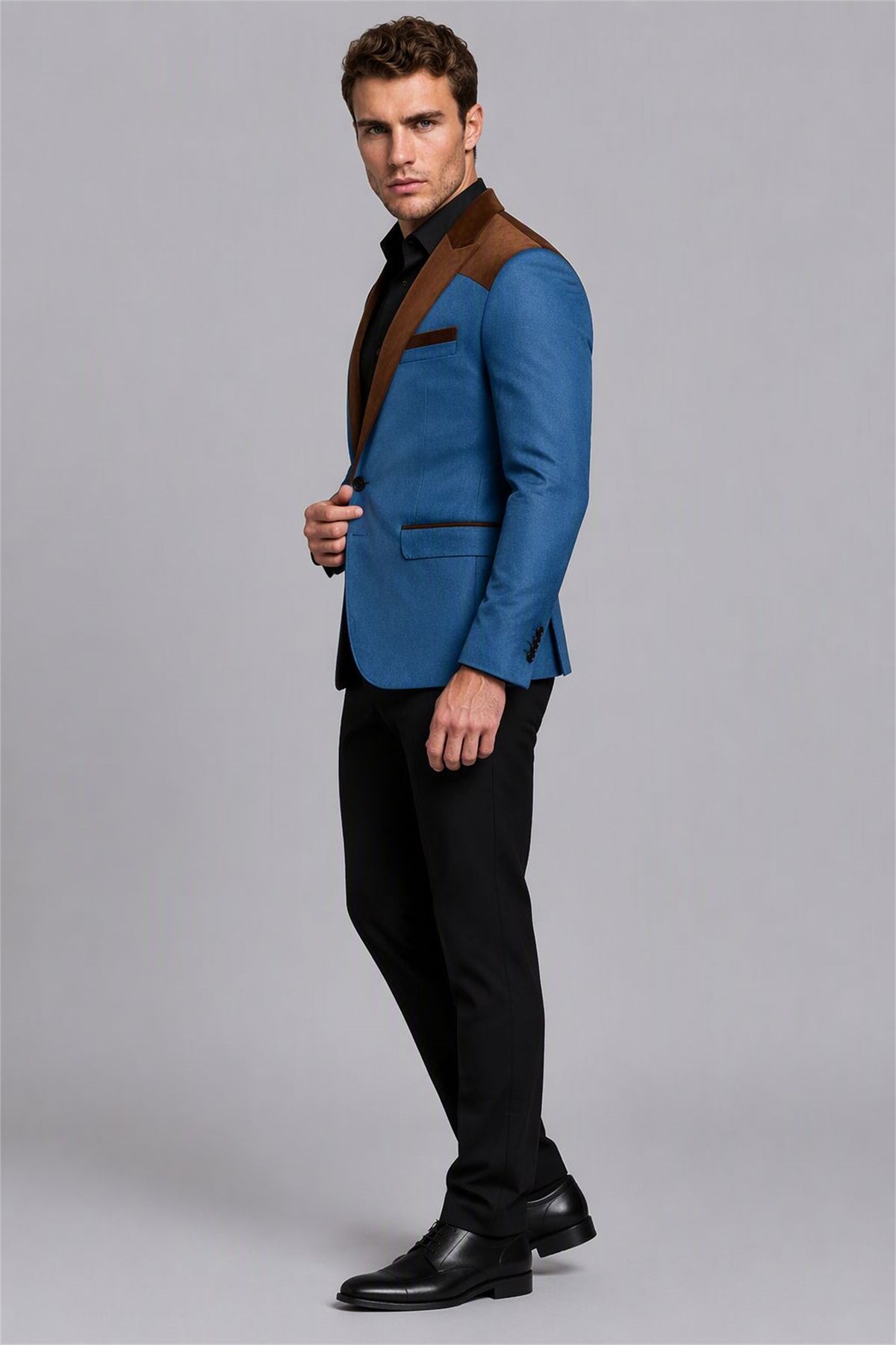 Men's Light Blue Velvet Contrast Blazer - Three-Quarter View | Savile AA0001