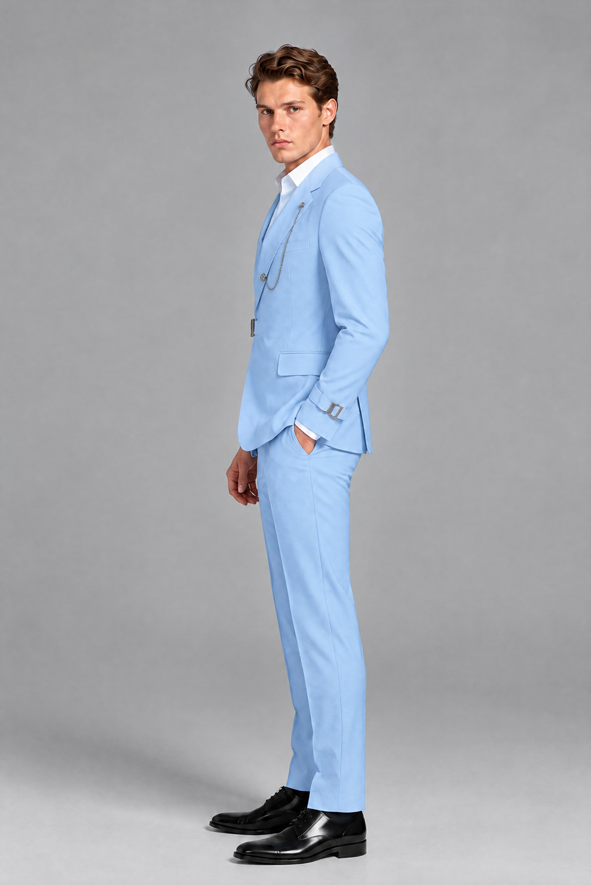 Savile Men's Light Blue Buckle-Closure 2-Piece Suit Set - Front Hero Standing View