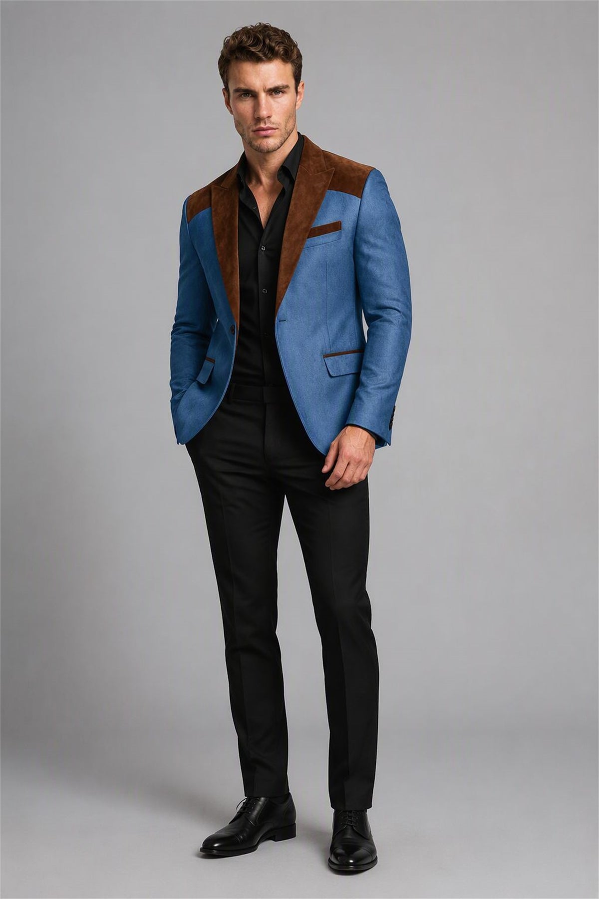 Men's Light Blue Velvet Contrast Blazer - Walking Full Length | Savile AA0001