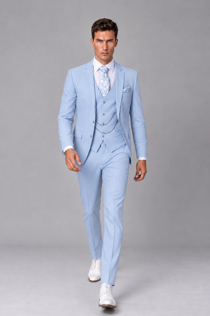 Savile Light Blue 3-Piece Suit with Trousers and Waistcoat - Dynamic Walking View