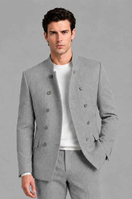 Savile Men's Light Grey Stand Collar Double Breasted Slim Fit 2-Piece Suit Set – Jacket & Trousers | Wedding Gala Formal - Light Grey