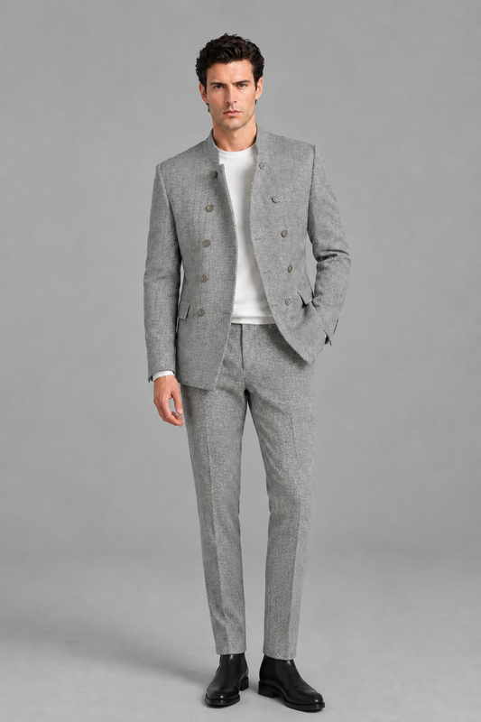 Savile Men's Light Grey Stand Collar Double Breasted Slim Fit 2-Piece Suit Set – Jacket & Trousers | Wedding Gala Formal - Light Grey