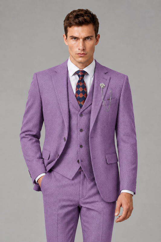 Savile Men's Grey Notch Lapel 3-Piece Suit Set | Jacket, Vest & Trousers - Lilac - Lilac