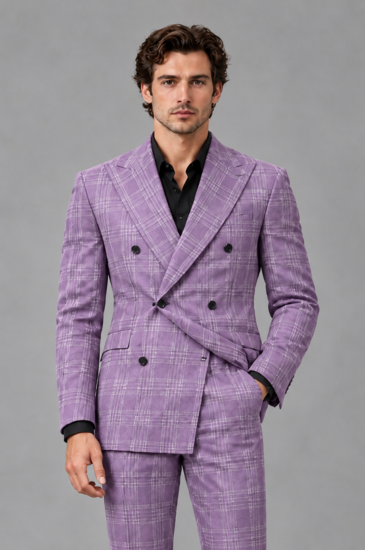 Savile Men's Rust Plaid 2-Piece Double-Breasted Suit – Peak Lapel Slim-Fit Jacket & Trousers Set - Lilac - Lilac