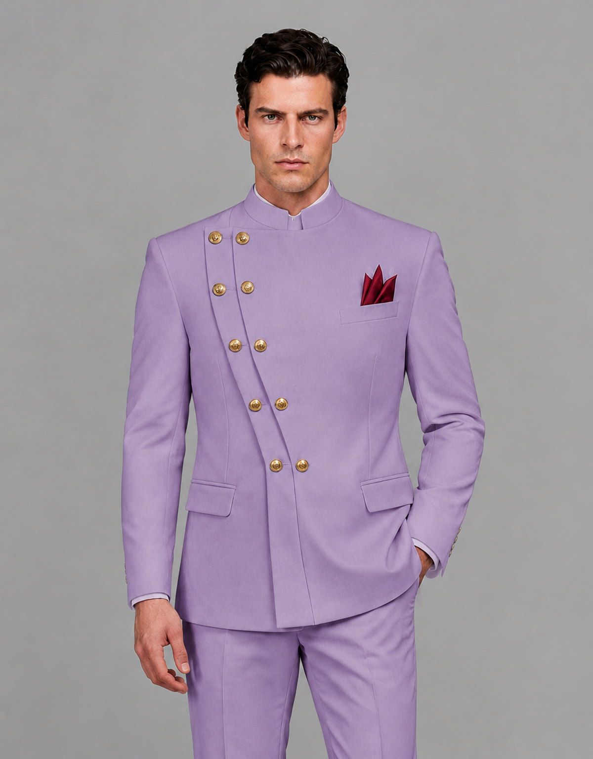 BOLODOO Men's Lilac Asymmetrical Mandarin Collar Tuxedo Suit – Modern 2-Piece Gold Button Wedding, Prom & Gala Set - Lilac - Lilac_01
