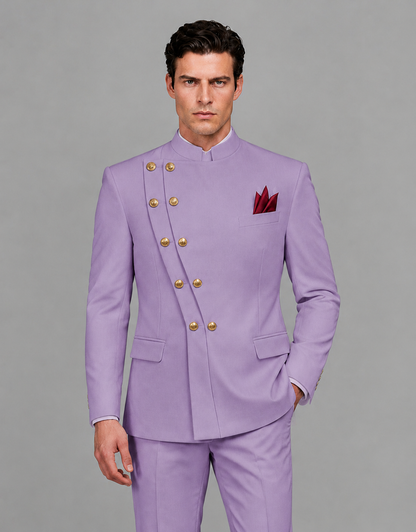 BOLODOO Men's Lilac Asymmetrical Mandarin Collar Tuxedo Suit – Modern 2-Piece Gold Button Wedding, Prom & Gala Set - Lilac - Lilac_01